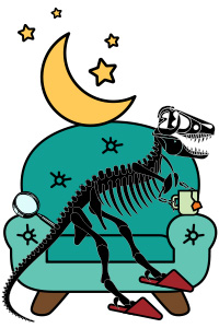 dinosaur on chair with mug and moon