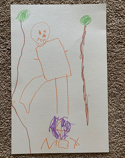 drawing of person among trees
