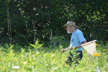 scientist with net in field