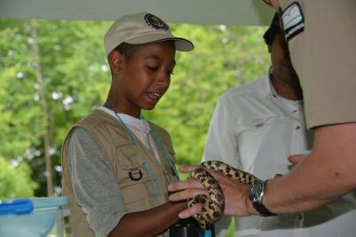 boy touching snake