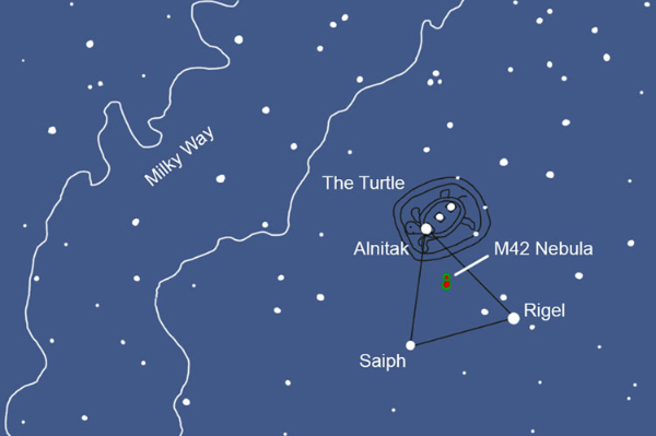 A blue and white drawing of the milky way with a nearby constellation