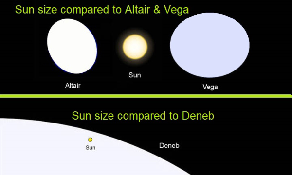 size differences between the three summer triangle stars and the sun