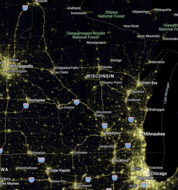 light pollution map of Wisconsin