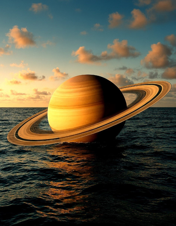 Generated image of Saturn floating on water