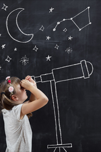 girl looking through telescope drawn on chalkboard