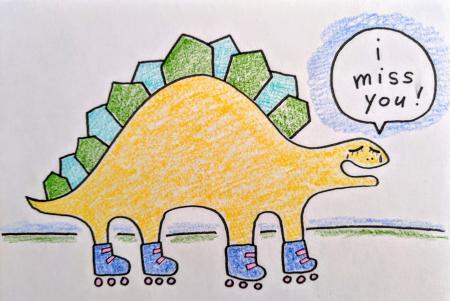 drawing of dinosaur on roller skates