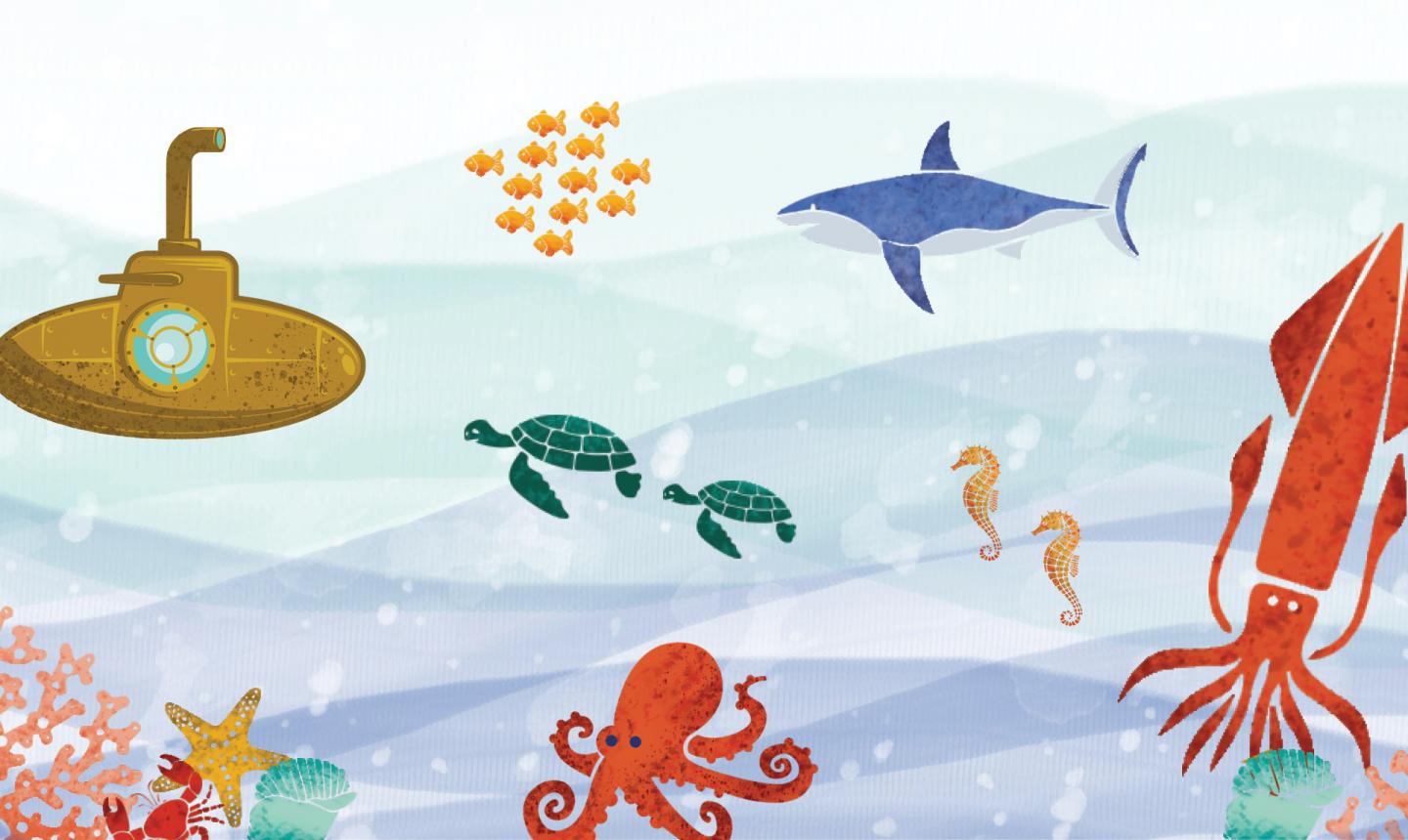 cartoon of underwater submarine, fish, quid, turtle